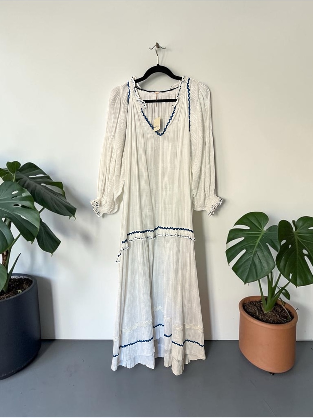 NWT Free People White Gauze Maxi Dress Blue Ric Rac Cottagecore Beach Boho XS